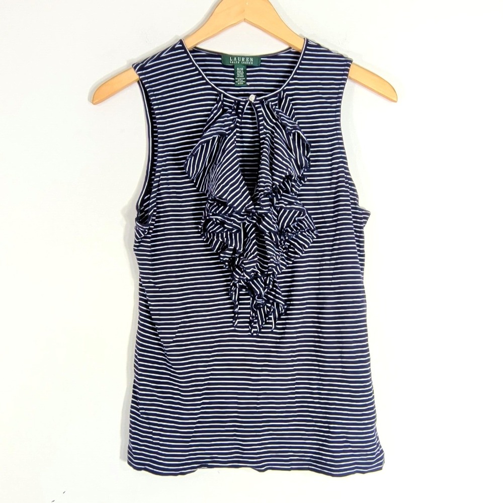 Lauren Ralph Lauren Navy Blue Striped Shell; Ruffle Front Sleeveless Top